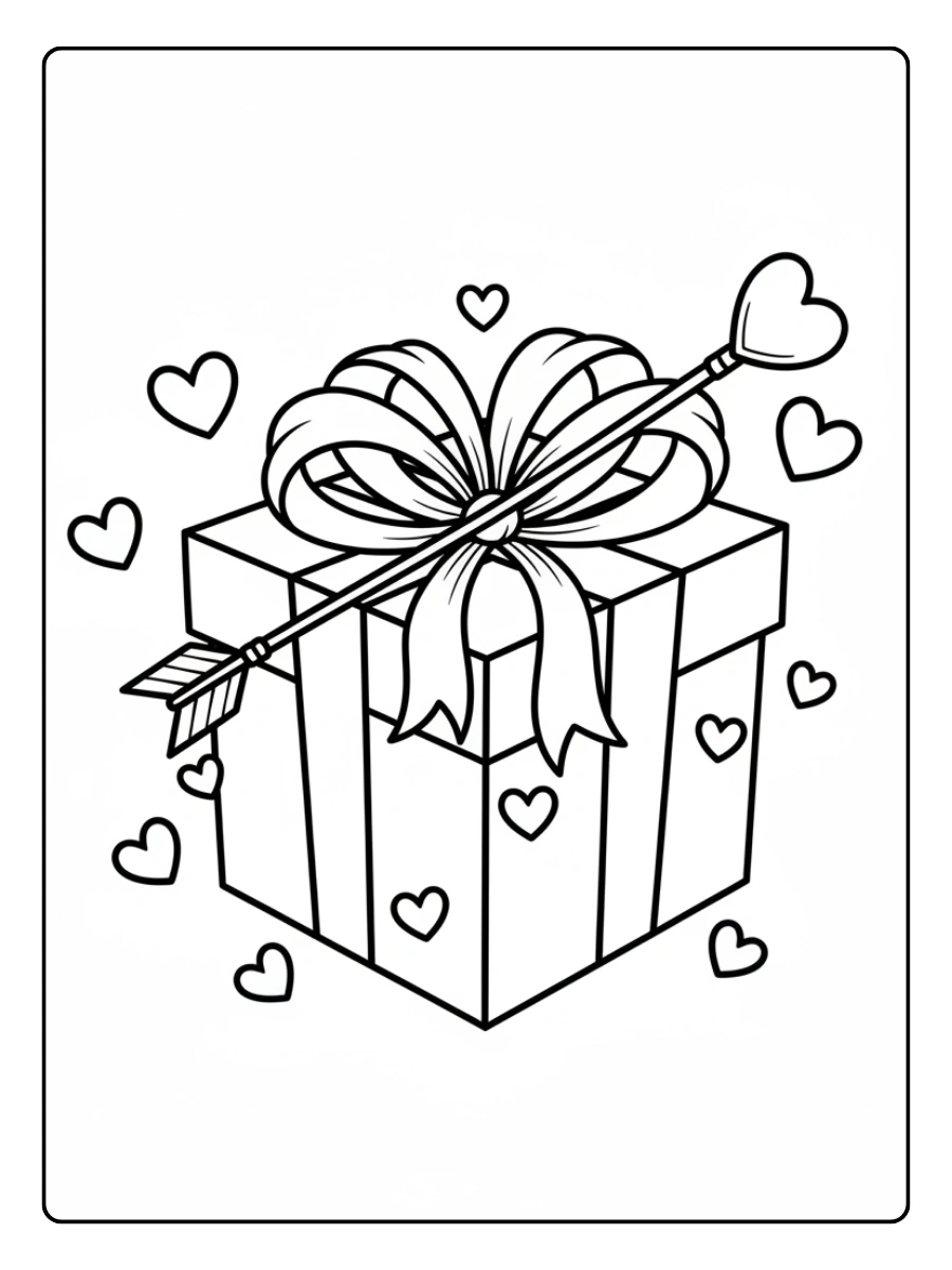 Gift Box Valentine Coloring Pages – Gift Box with Cupid Arrow