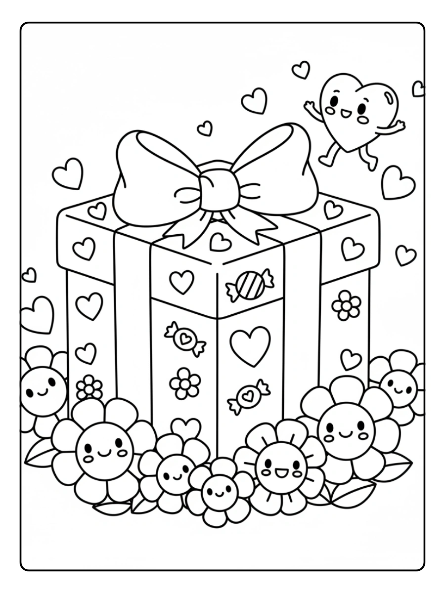Gift Box Valentine Coloring Pages – Gift Box with Flowers