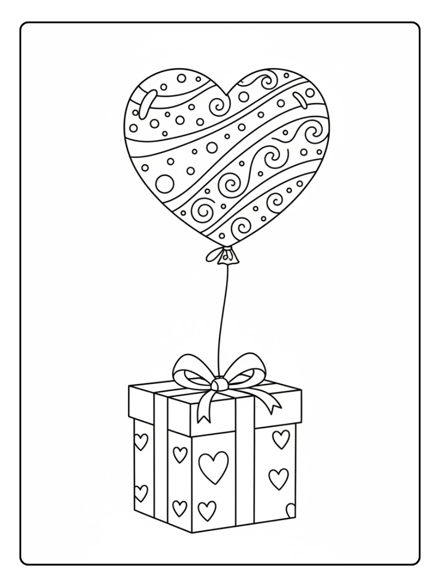 Gift Box Valentine Coloring Pages – Gift Box with Heart Balloon