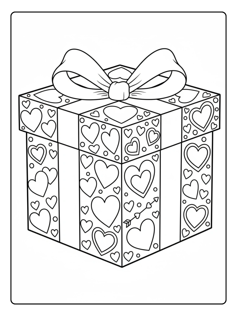 Gift Box Valentine Coloring Pages – Gift Box with Heart Pattern