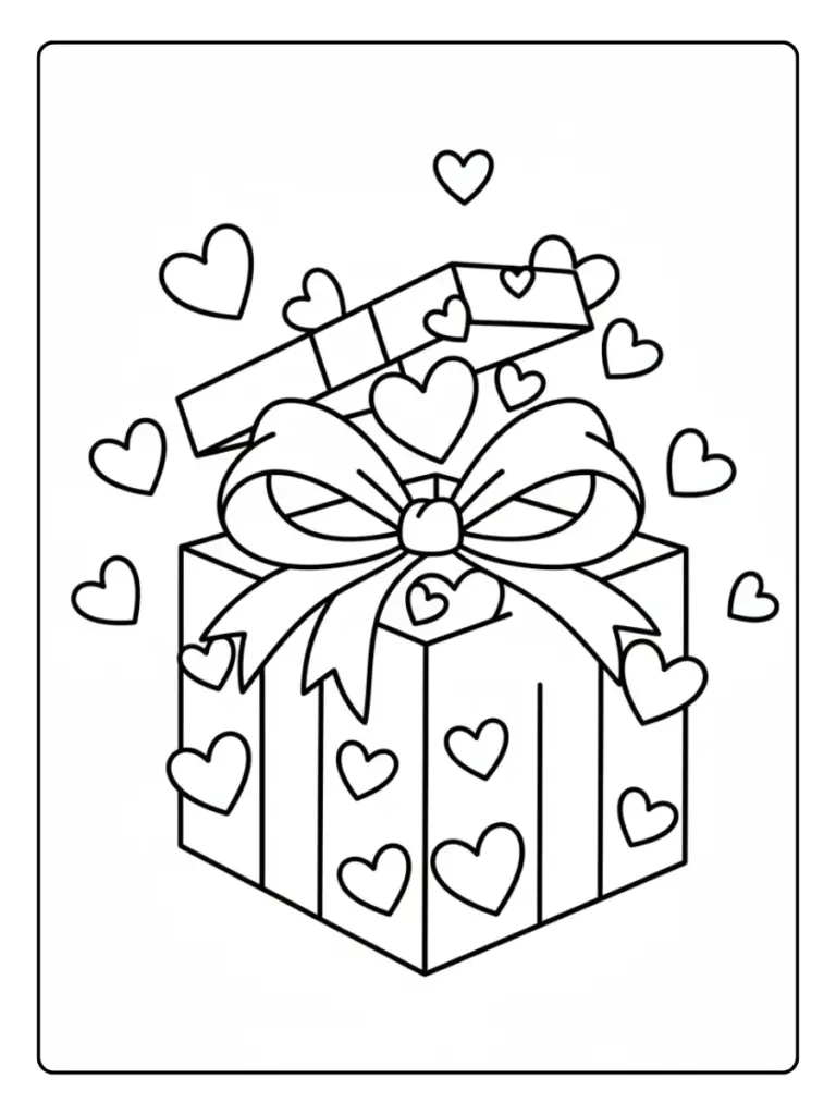 Gift Box Valentine Coloring Pages – Gift Box with Hearts