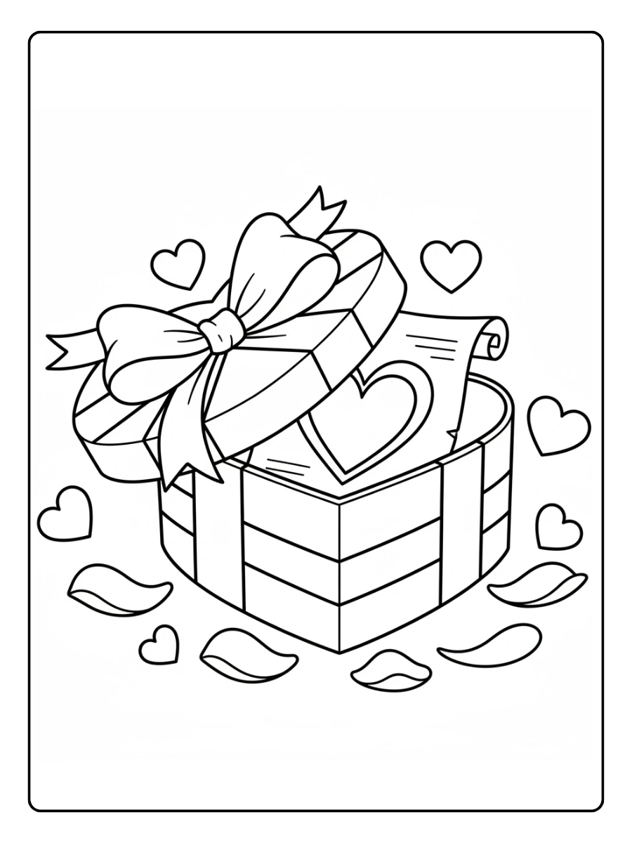 Gift Box Valentine Coloring Pages – Gift Box with Love Letter