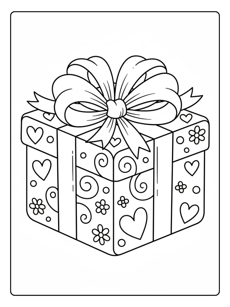 Gift Box Valentine Coloring Pages – Gift Box with Ribbon
