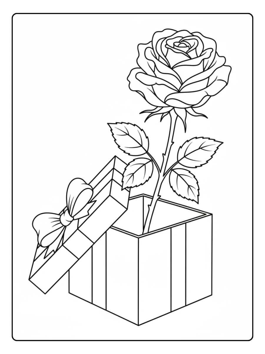 Gift Box Valentine Coloring Pages – Gift Box with Rose