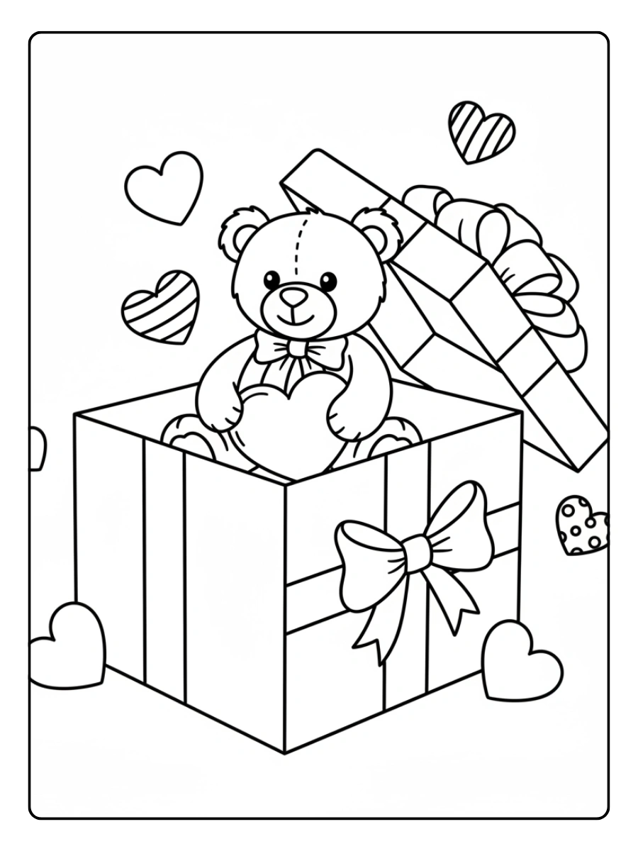 Gift Box Valentine Coloring Pages – Gift Box with Teddy Bear