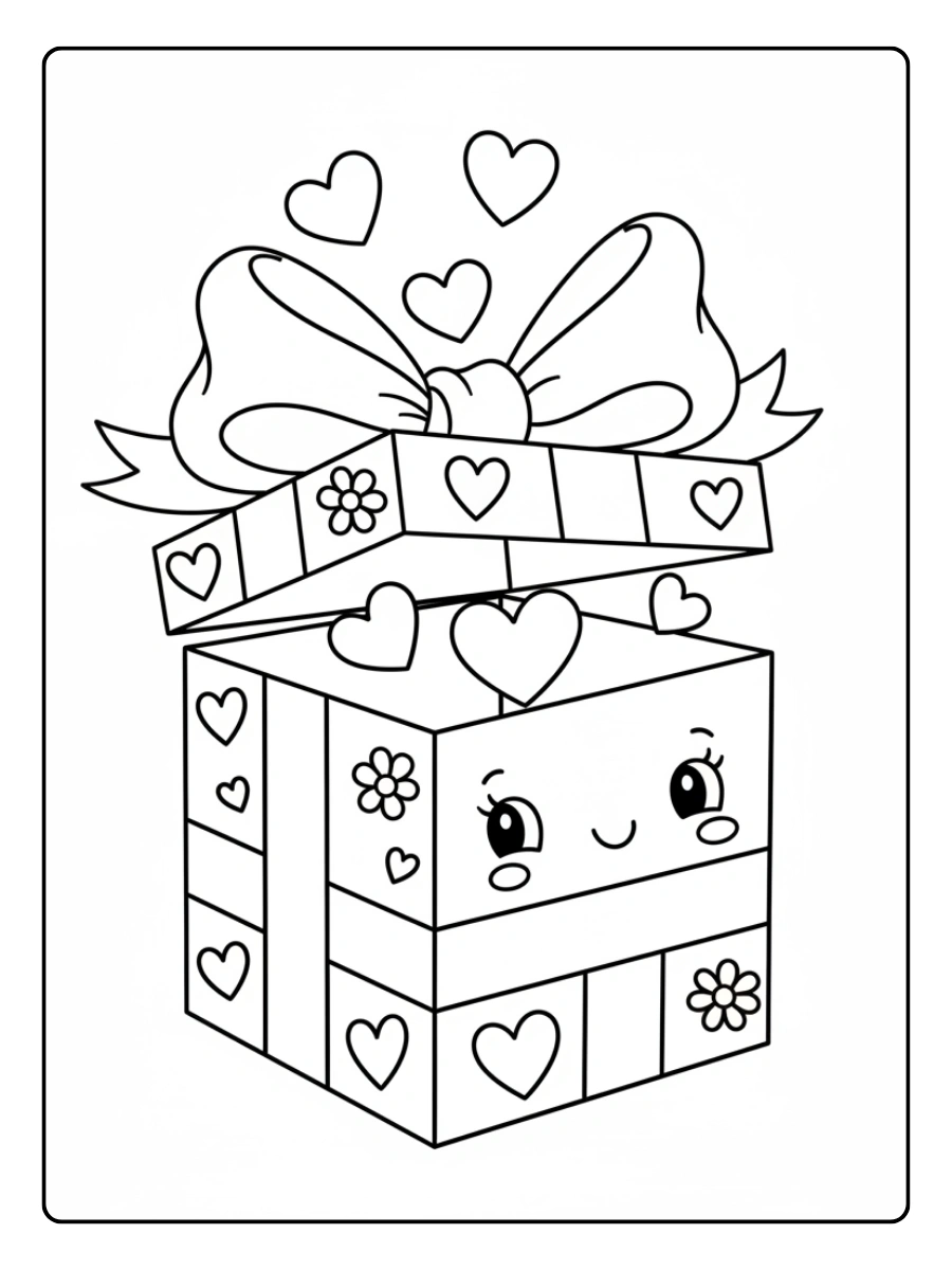 Gift Box Valentine Coloring Pages – Smiling Gift Box