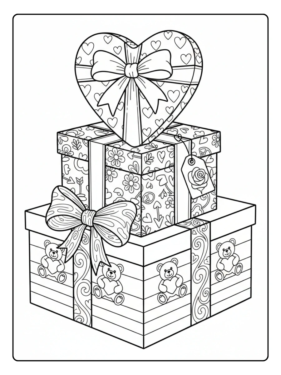 Gift Box Valentine Coloring Pages – Valentine Gift Box Stack