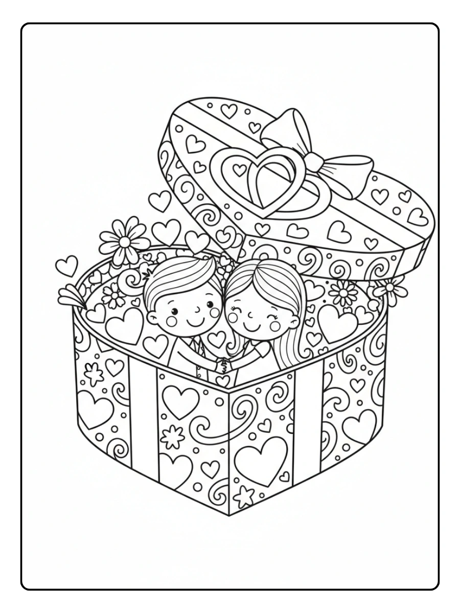 Gift Box Valentine Coloring Pages – Valentine Gift Box for Couples