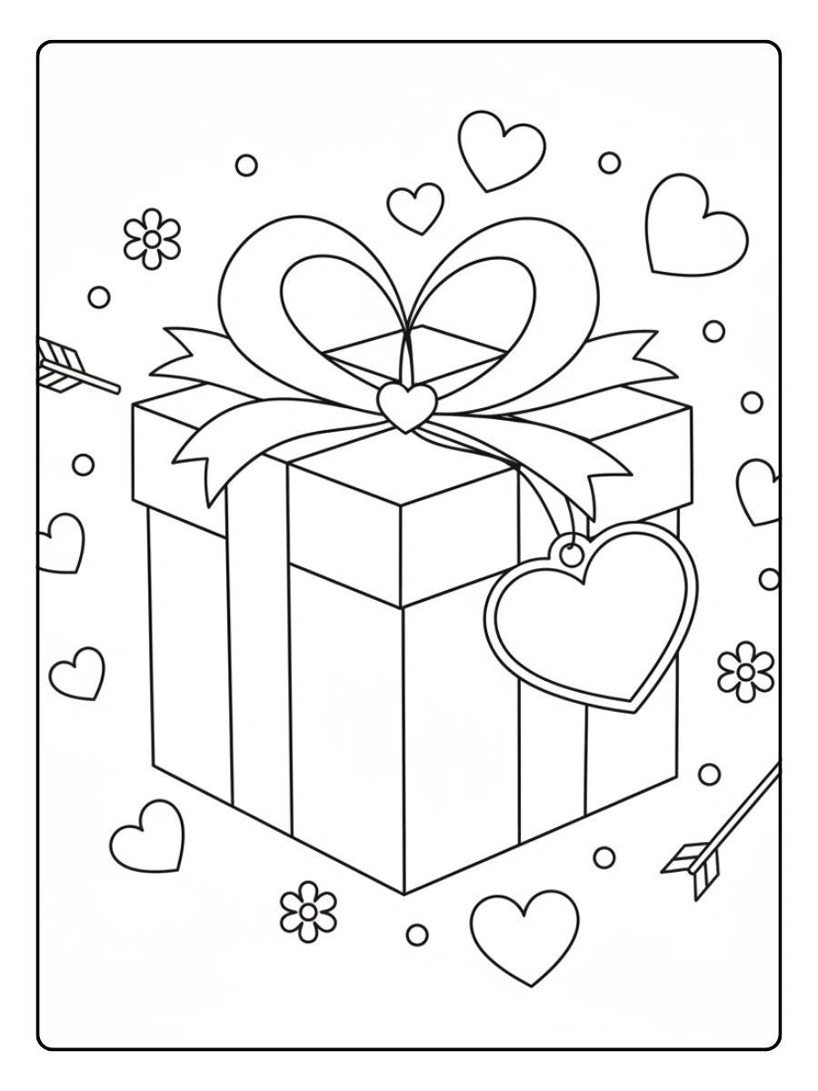 Gift Box Valentine Coloring Pages – Valentine Gift Box with Tag