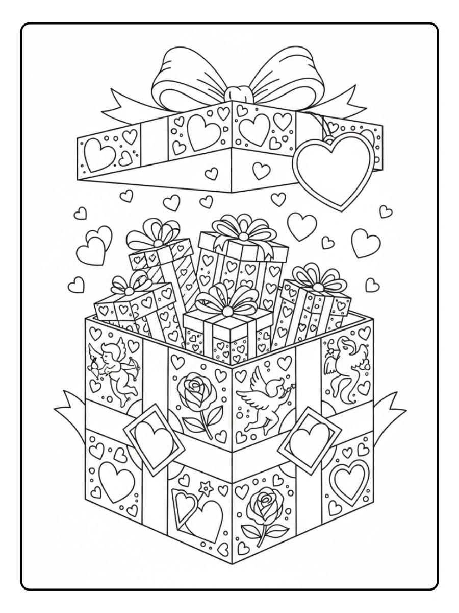 Gift Box Valentine Coloring Pages – Valentine Surprise Box