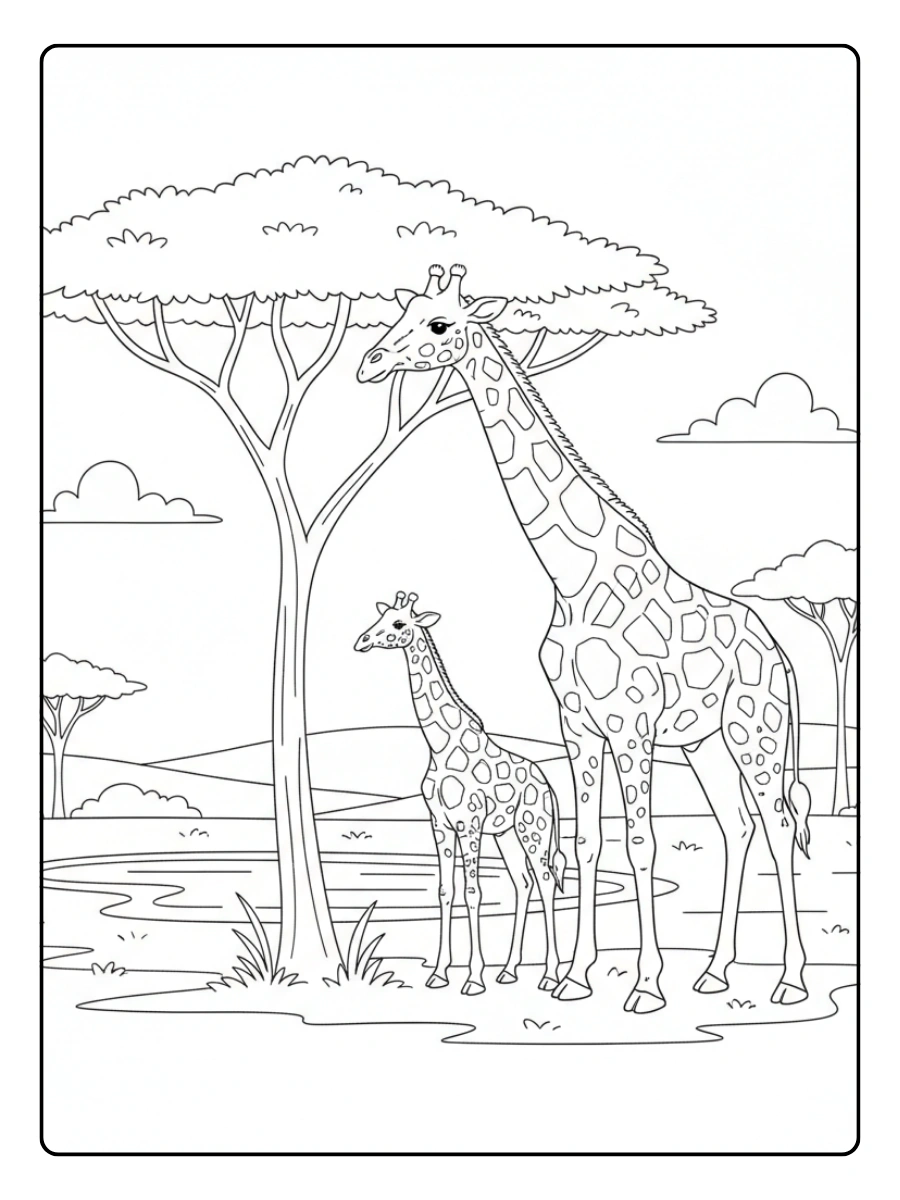 Giraffe Coloring Pages – Giraffe Wildlife Scene