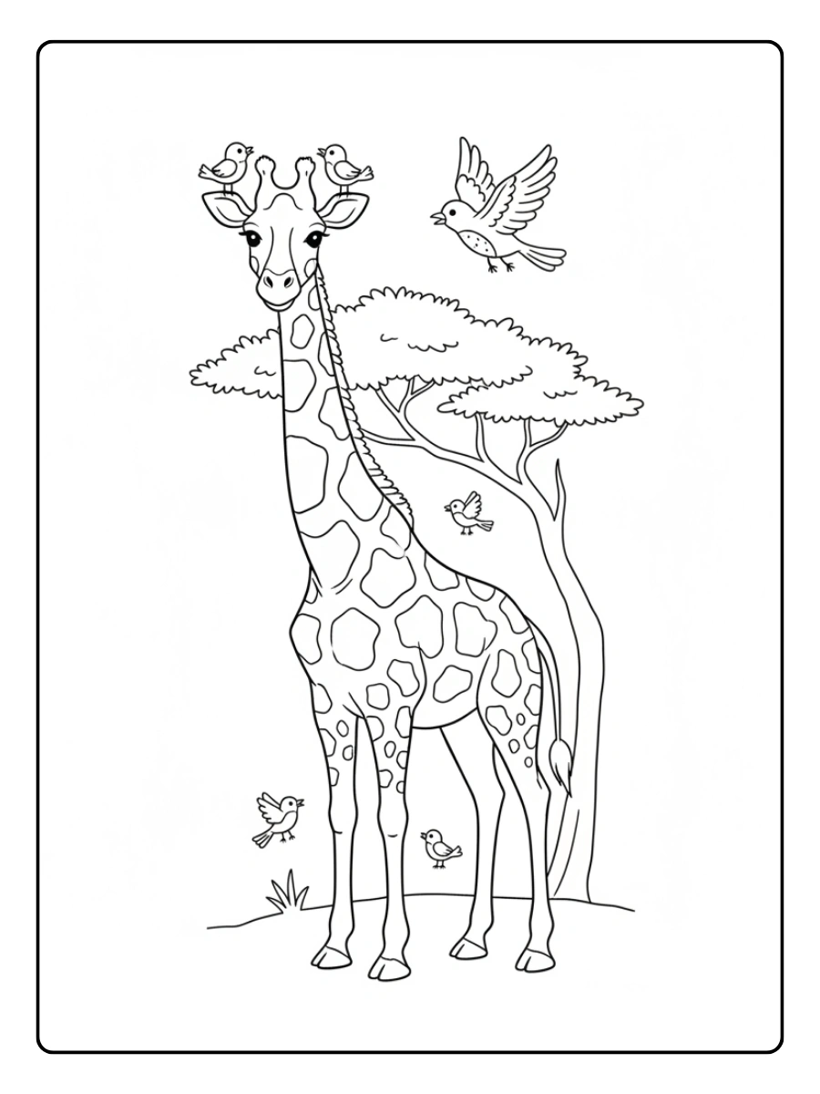 Giraffe Coloring Pages – Giraffe with Birds