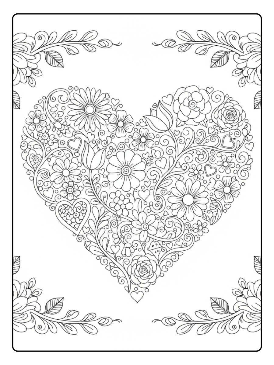 Hearts Coloring Pages – Heart and Flowers