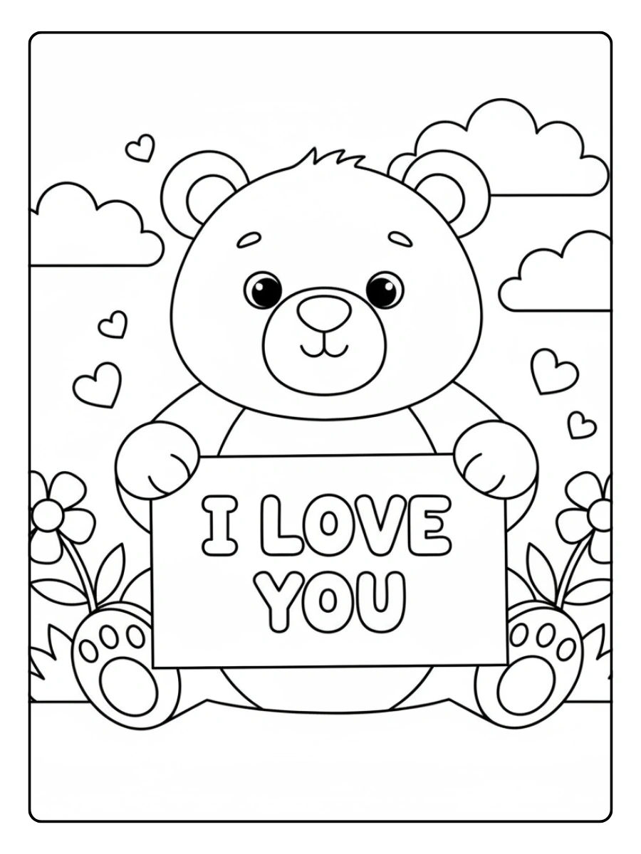 I Love You Coloring Pages – Cute Bear Holding Sign
