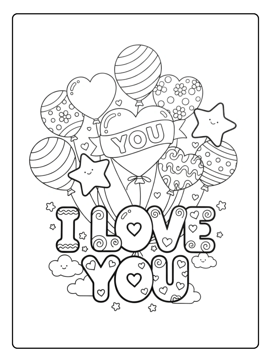 I Love You Coloring Pages – Love Text with Balloons