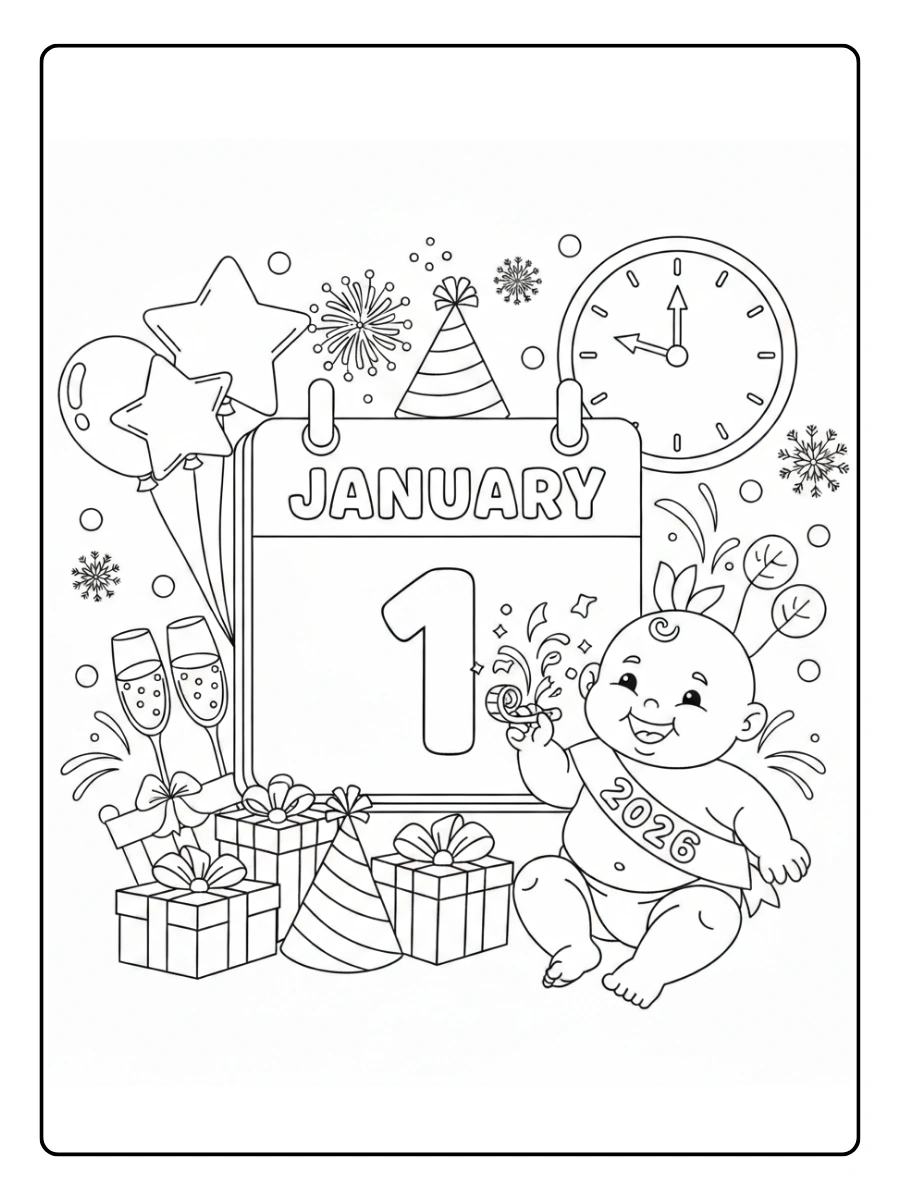 January Coloring Pages – New Year Calendar