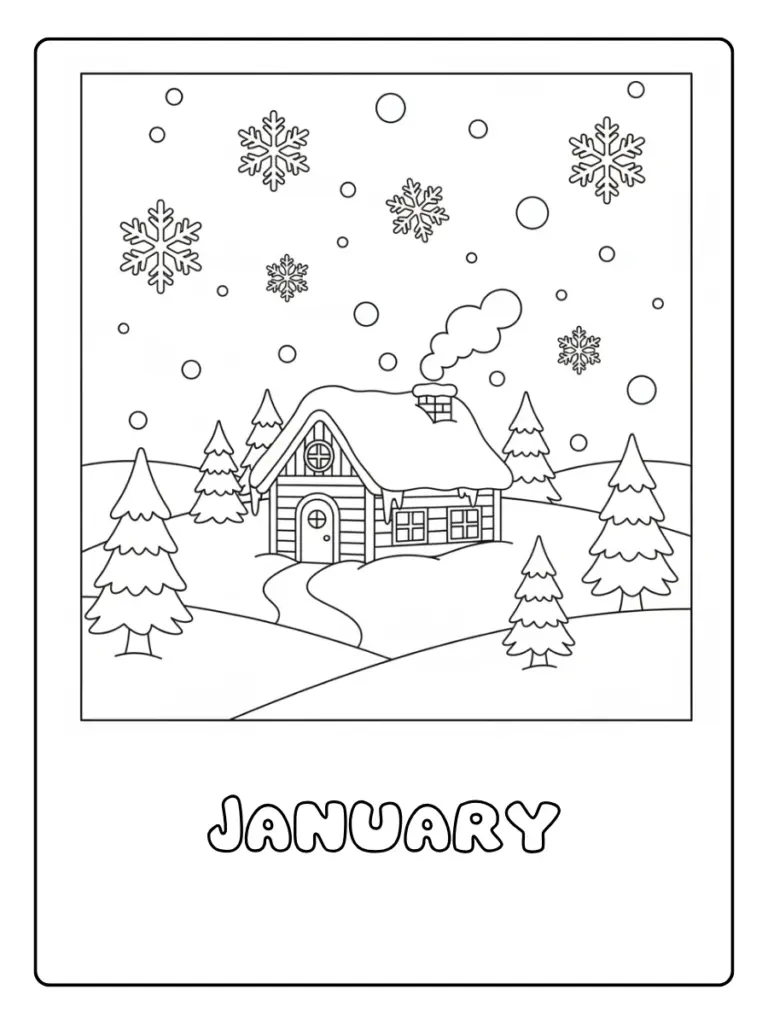 January Coloring Pages – Winter Cabin