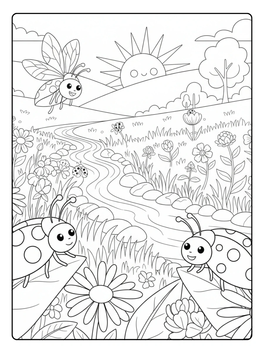 Ladybug Coloring Pages – Ladybug Meadow Scene
