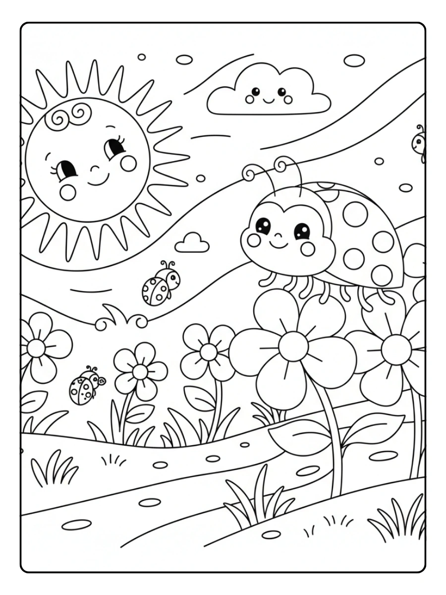Ladybug Coloring Pages – Ladybug Sunshine Scene