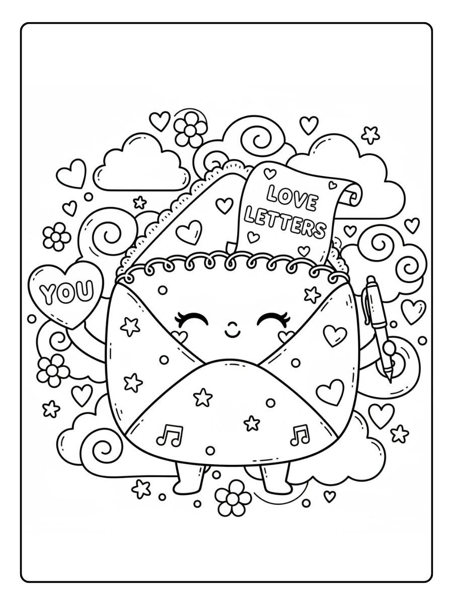 Love Letters Coloring Pages – Kawaii Envelope with Face