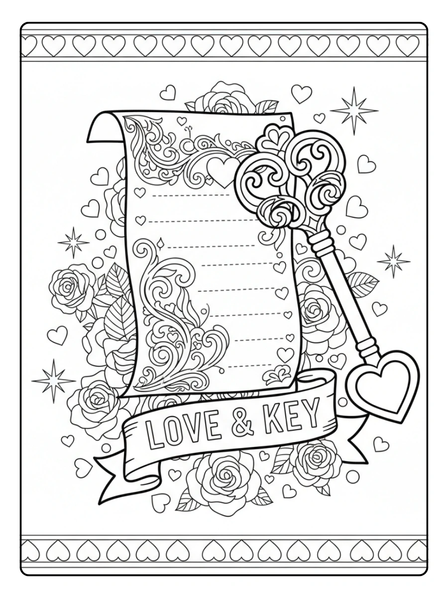 Love Letters Coloring Pages – Love Letter and Key