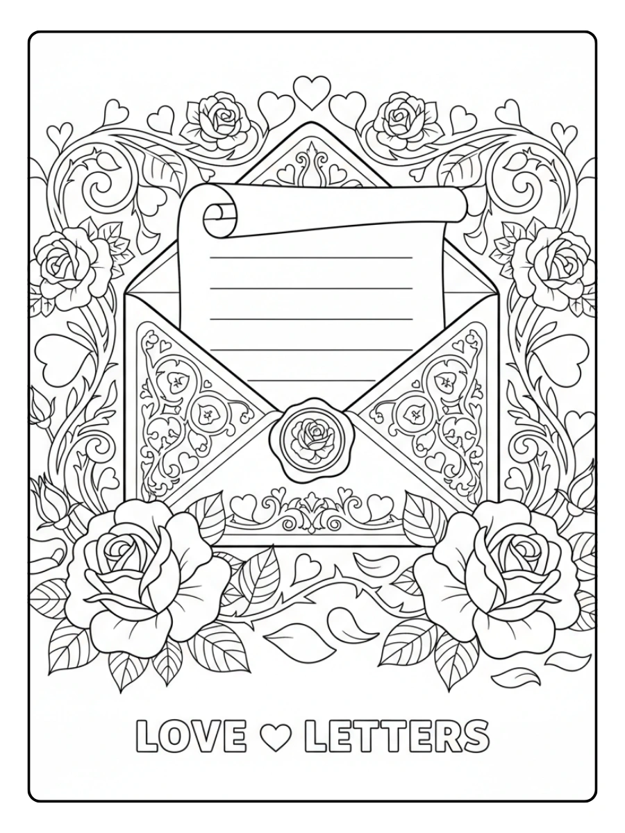 Love Letters Coloring Pages – Love Letter and Roses