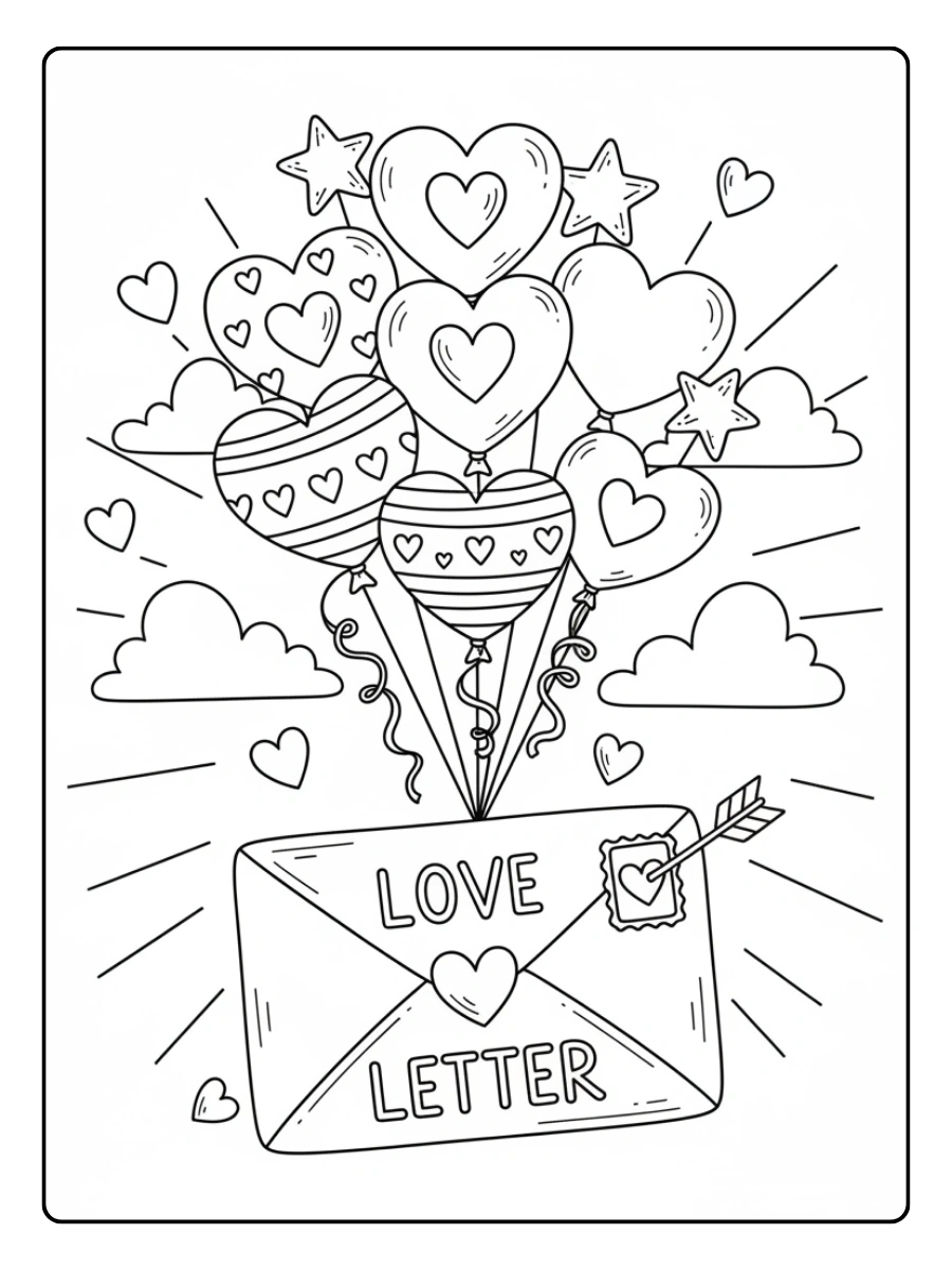 Love Letters Coloring Pages – Love Letter with Balloons
