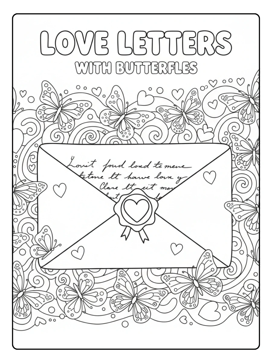 Love Letters Coloring Pages – Love Letter with Butterflies