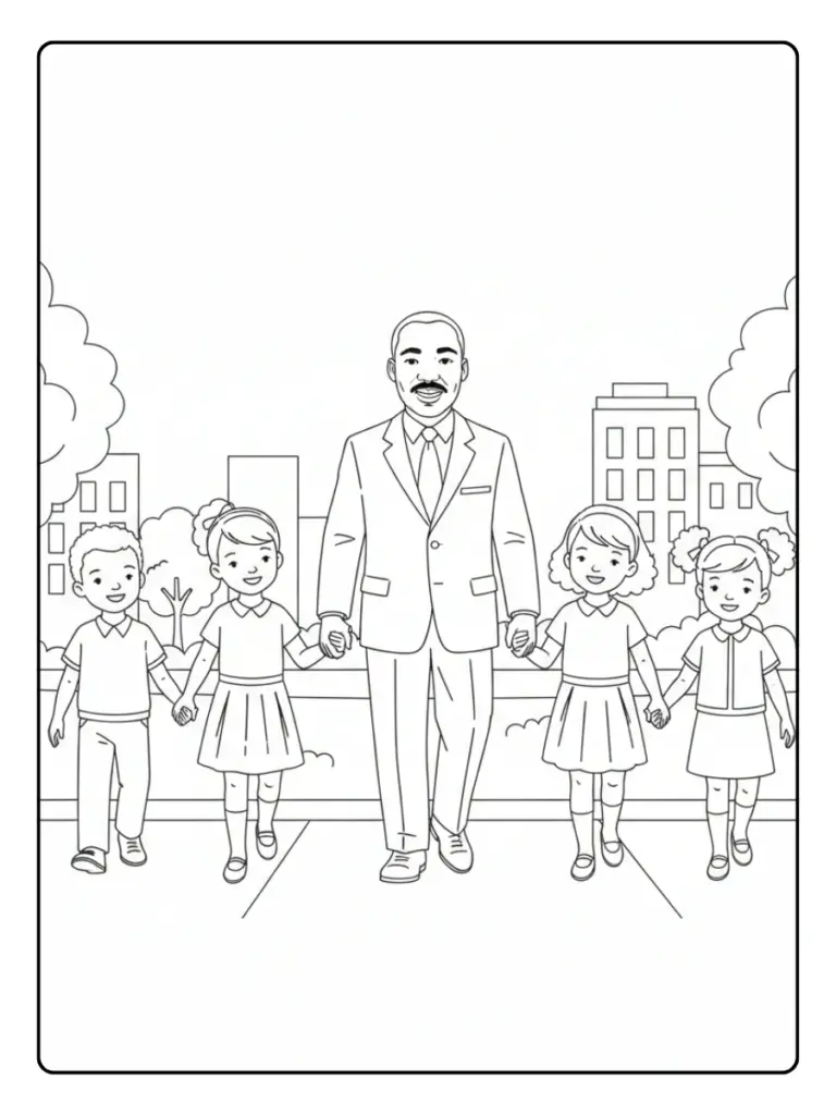 Martin Luther King Coloring Pages – MLK with Diverse Children Holding Hands