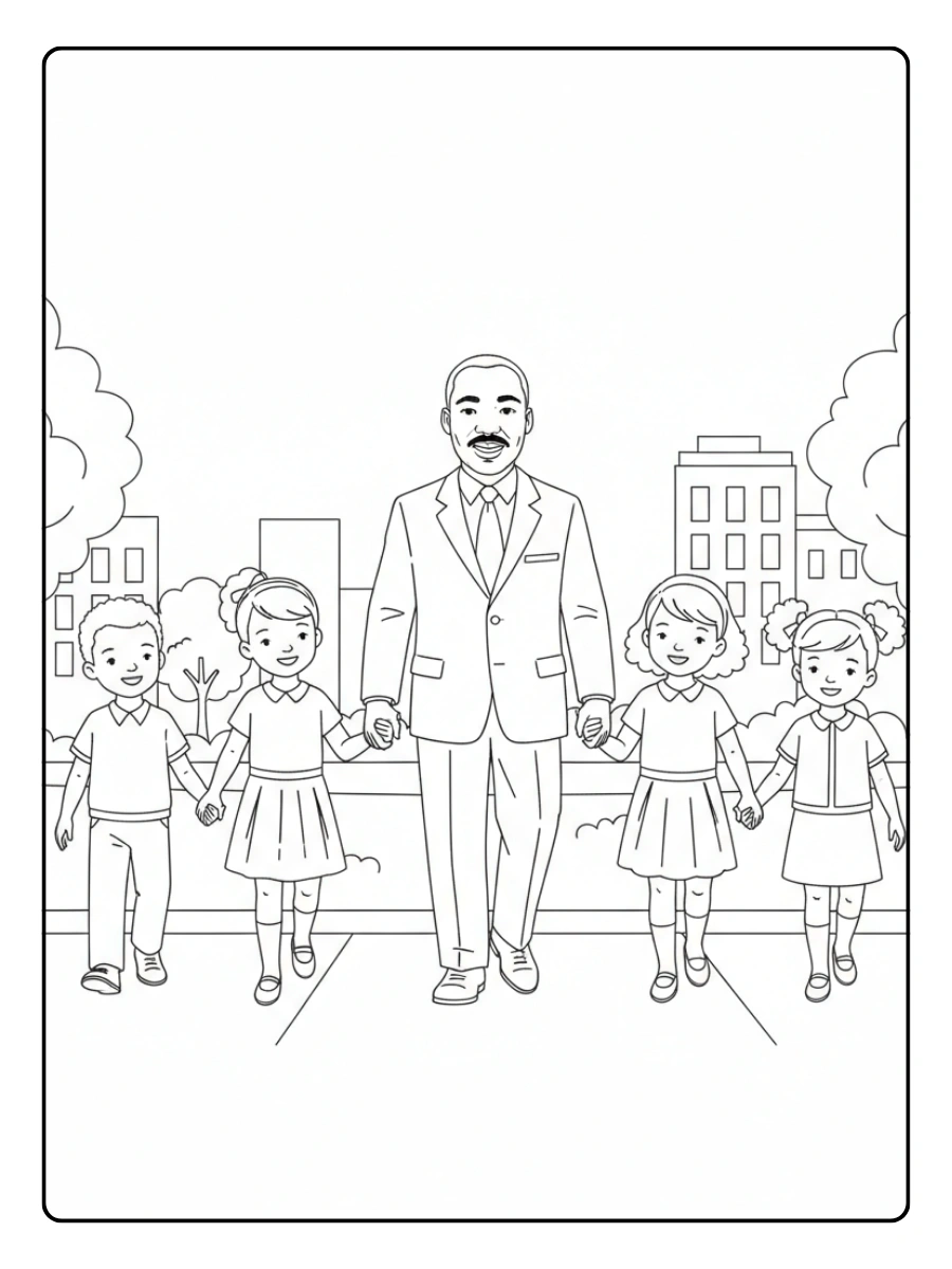 Martin Luther King Coloring Pages – MLK with Diverse Children Holding Hands