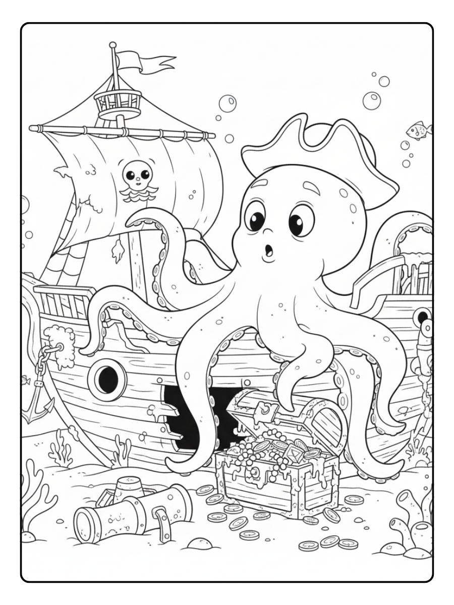 Octopus Coloring Pages – Octopus with Shipwreck