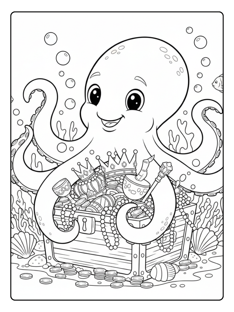 Octopus Coloring Pages – Octopus with Treasure Chest
