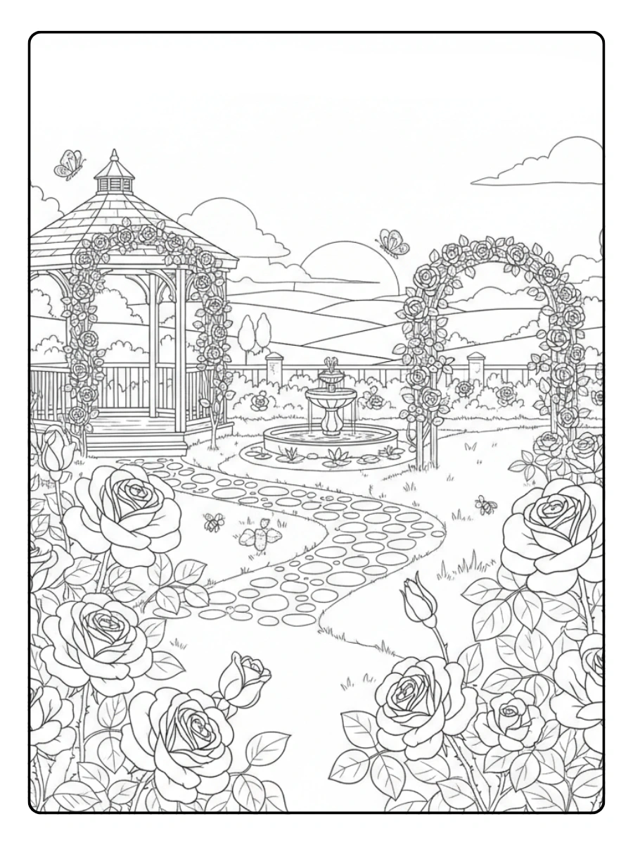 Roses Coloring Pages – Rose Garden Scene