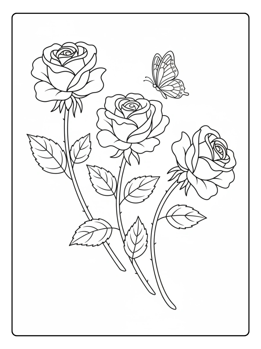 Roses Coloring Pages – Rose and Butterfly