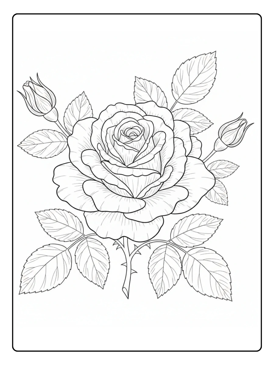 Roses Coloring Pages – Rose with Leaves