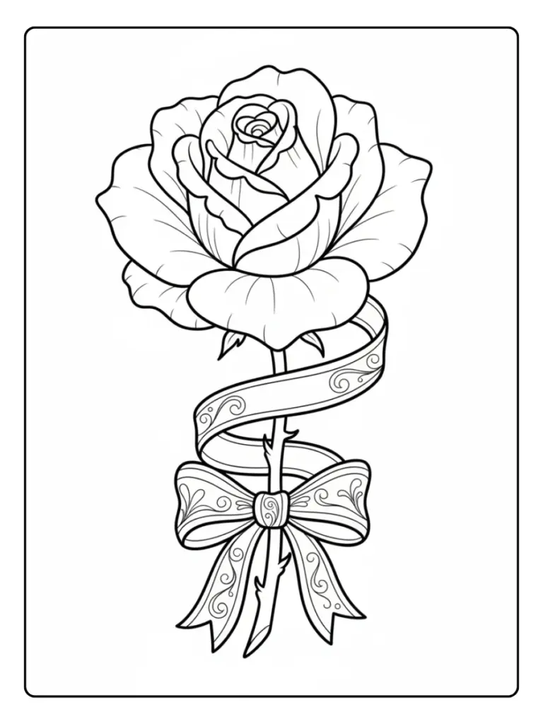 Roses Coloring Pages – Rose with Ribbon