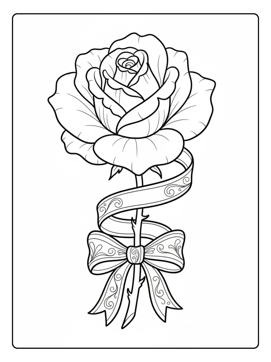 Roses Coloring Pages – Rose with Ribbon