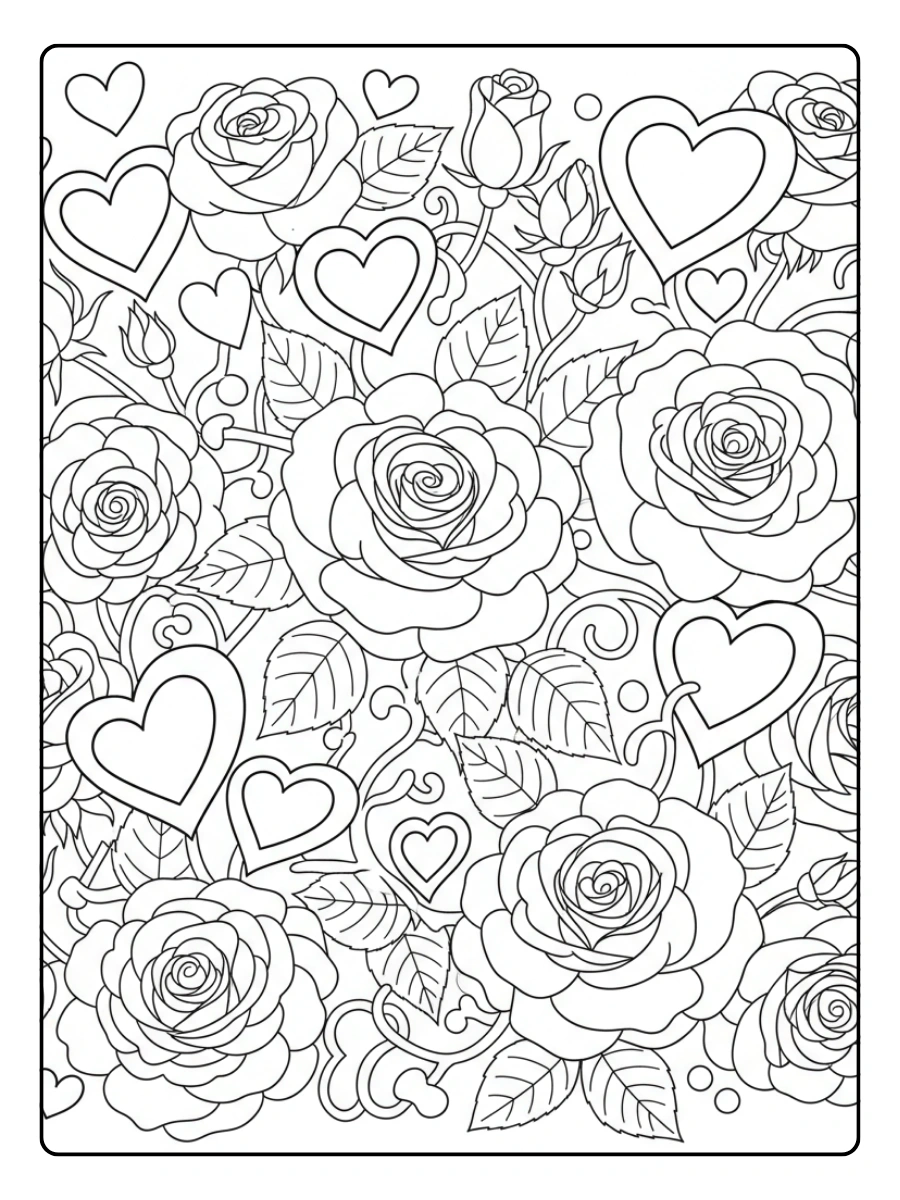 Roses Coloring Pages – Roses and Hearts