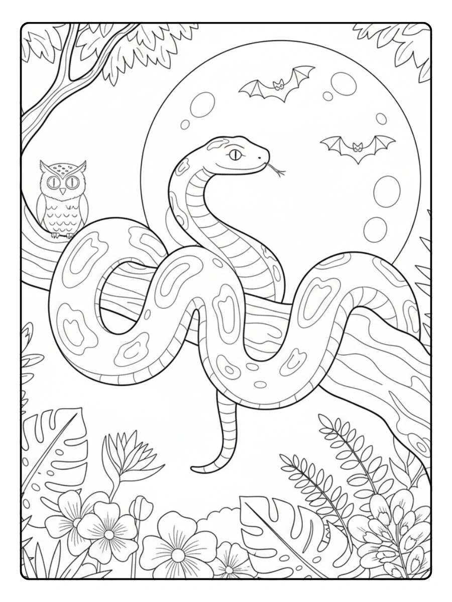 Snake Coloring Pages – Nocturnal Snake Scene