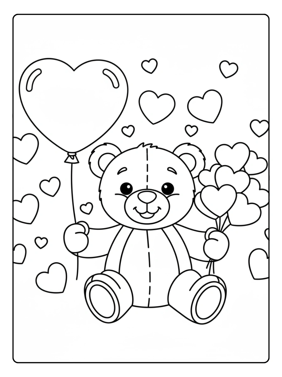 Teddy Bear Valentine Coloring Pages – Smiling Teddy with Hearts