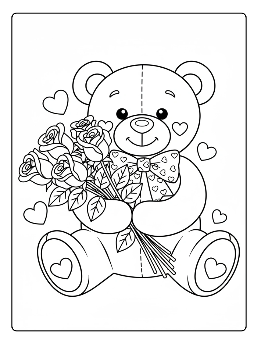 Teddy Bear Valentine Coloring Pages – Teddy Bear Holding Roses