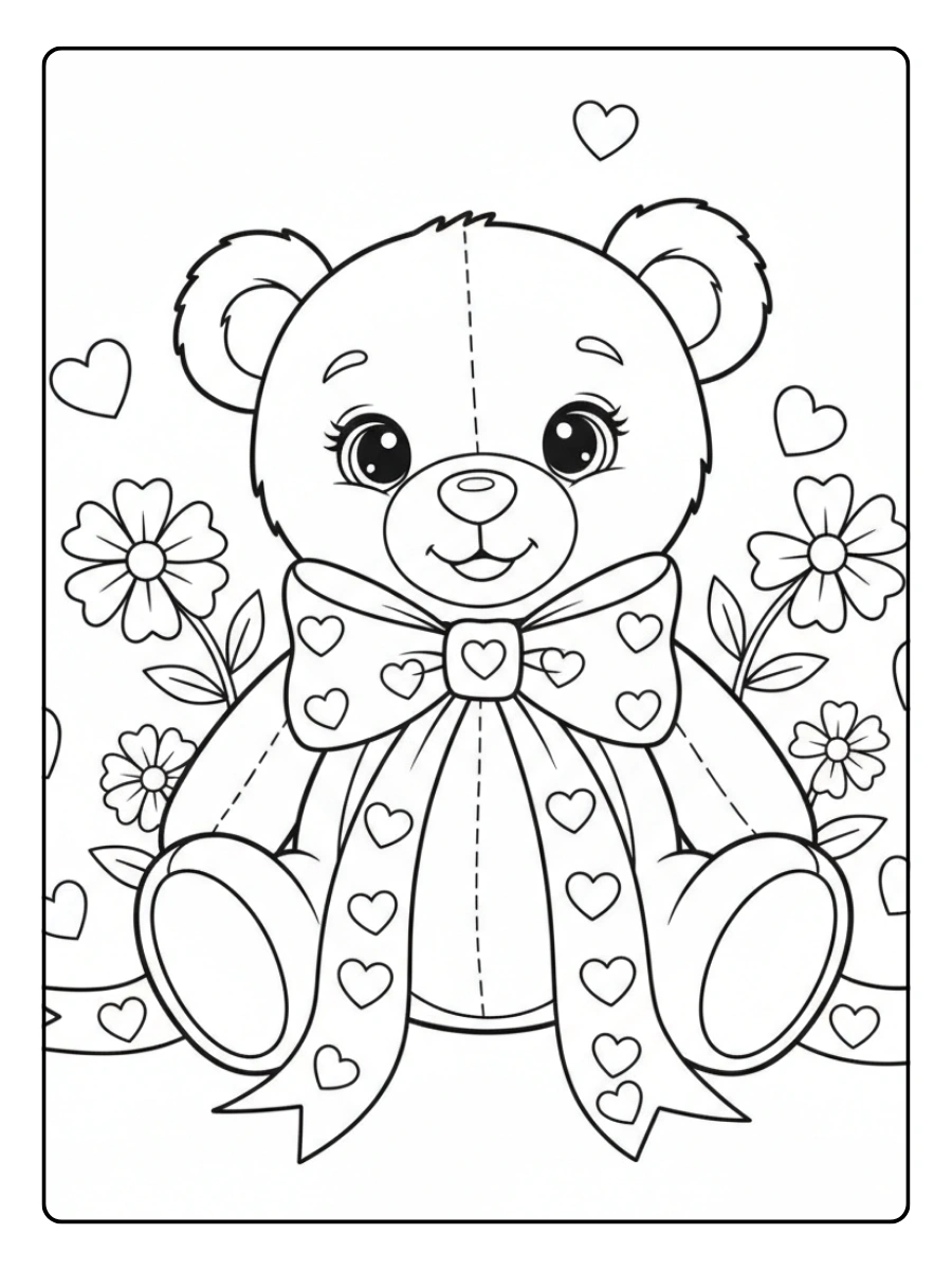 Teddy Bear Valentine Coloring Pages – Teddy Bear Sitting with Hearts