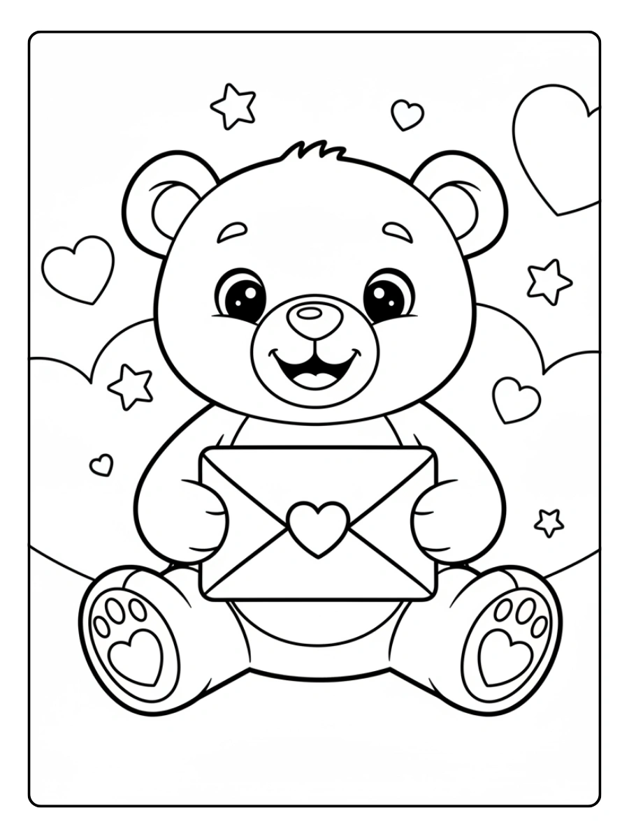 Teddy Bear Valentine Coloring Pages – Teddy Bear and Love Envelope