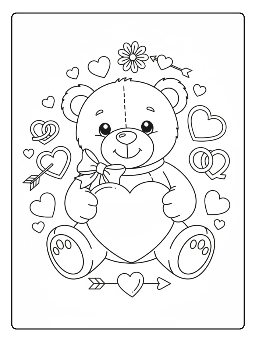Teddy Bear Valentine Coloring Pages – Teddy Bear and Love Symbols