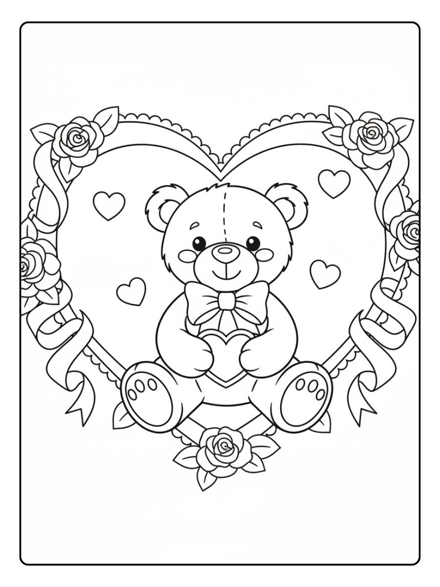 Teddy Bear Valentine Coloring Pages – Teddy Bear in Heart Frame
