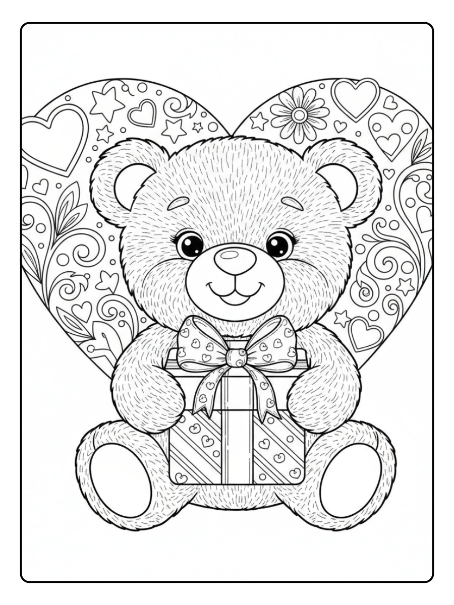Teddy Bear Valentine Coloring Pages – Teddy Bear with Gift Box