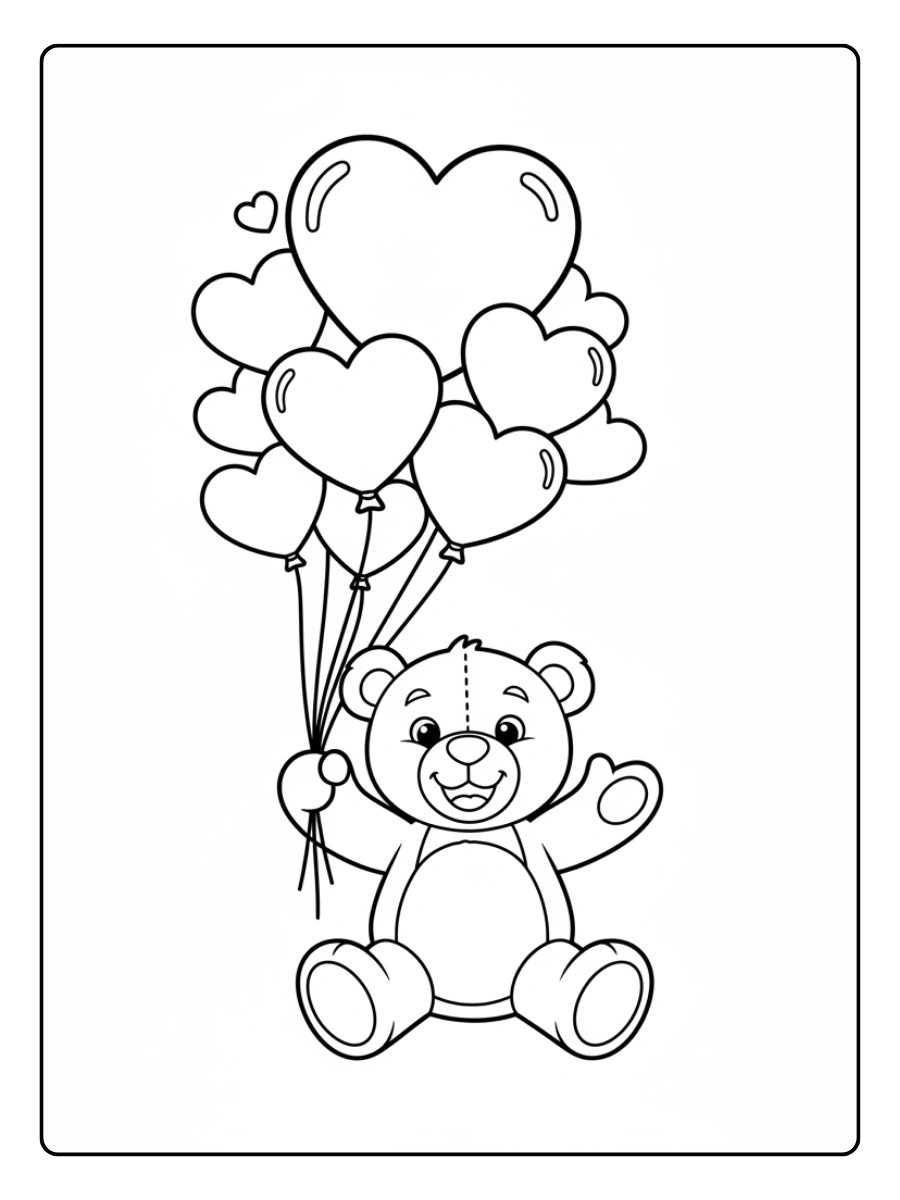 Teddy Bear Valentine Coloring Pages – Teddy Bear with Heart Balloons