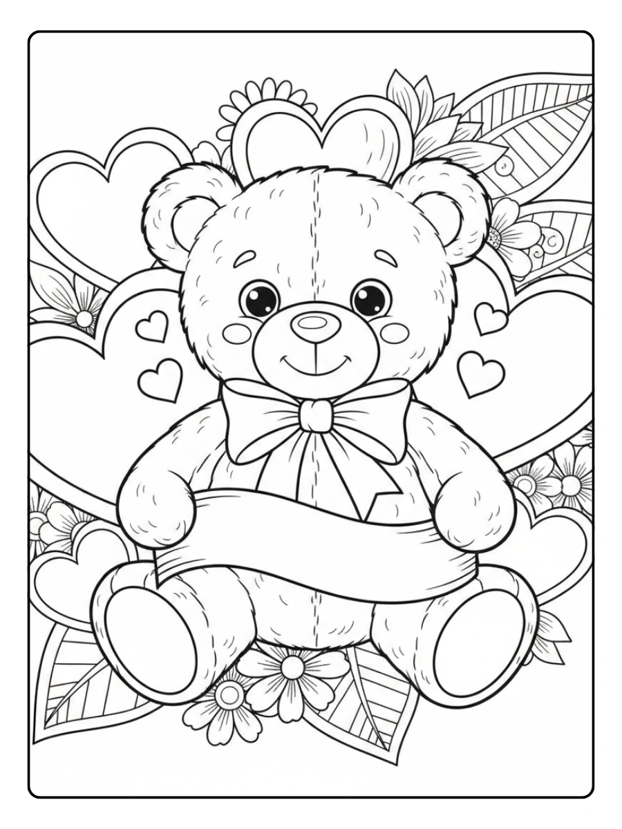 Teddy Bear Valentine Coloring Pages – Teddy Bear with Love Banner