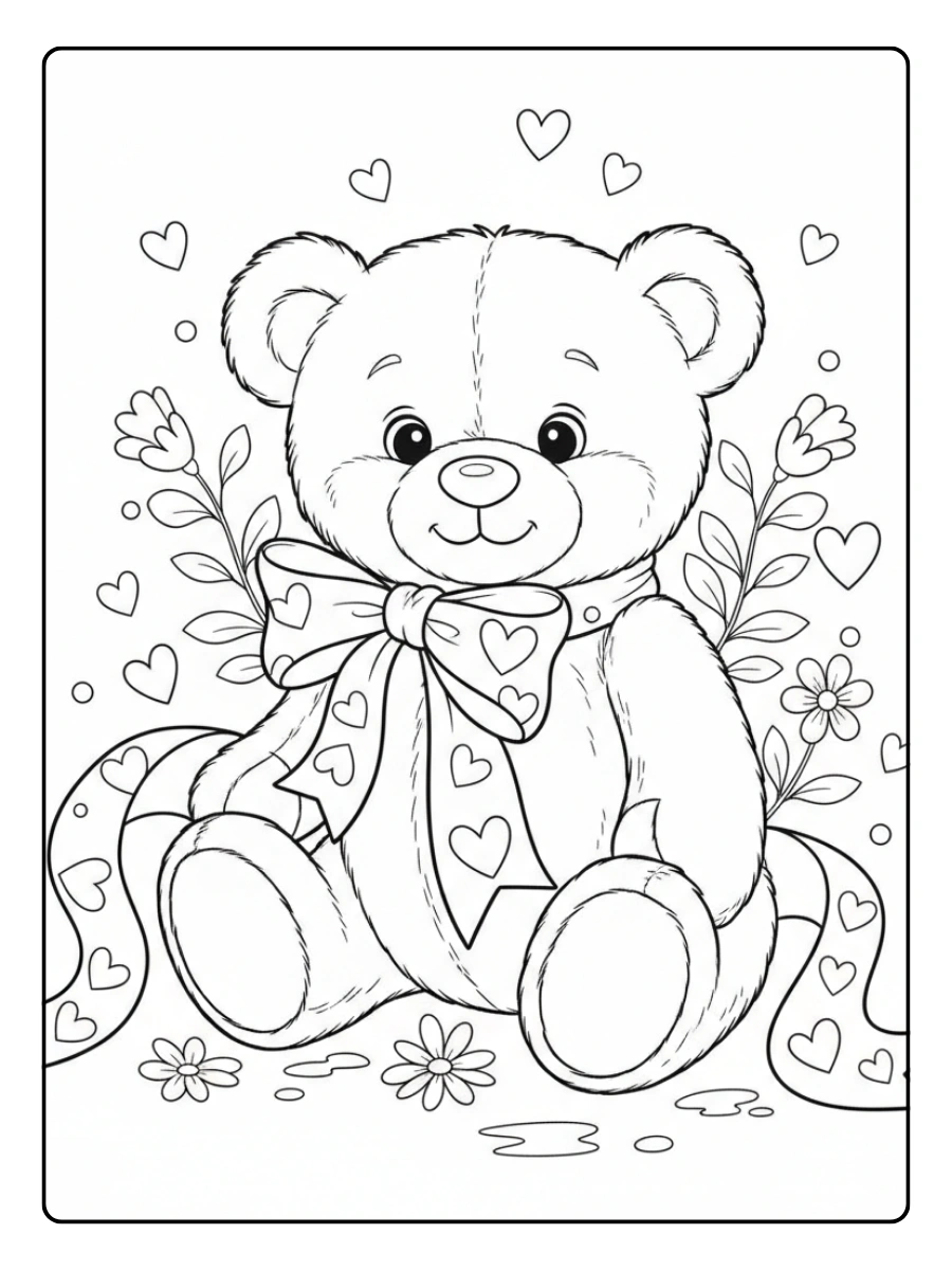 Teddy Bear Valentine Coloring Pages – Teddy Bear with Ribbon