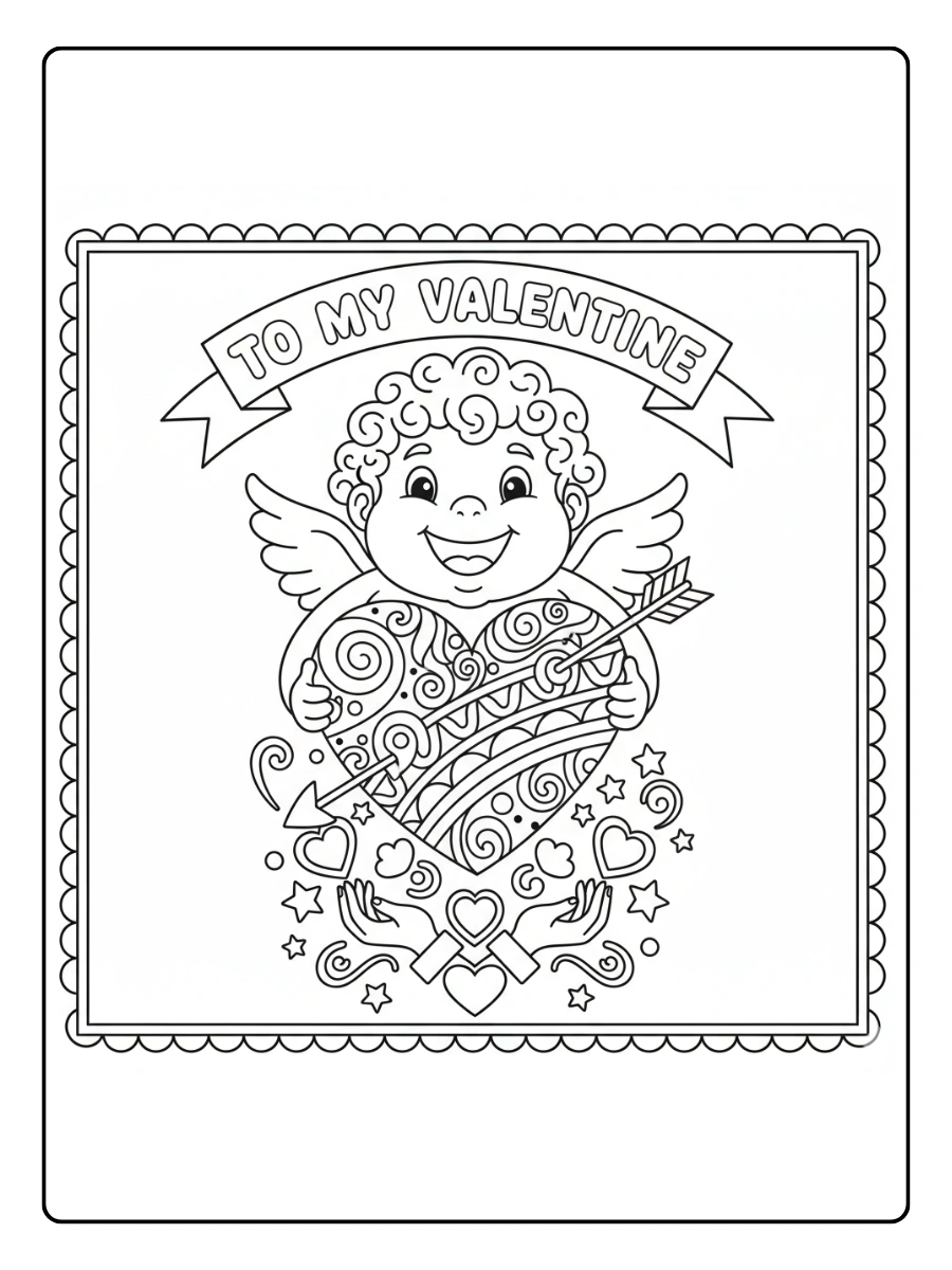 Valentine Cards Coloring Pages – Smiling Cupid Heart Card Valentine Cards Coloring Pages – Smiling Cupid Heart Card